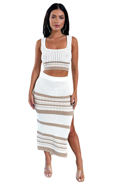Summer New Sleeveless Vest Sexy Slit Striped Skirt Knitting Suit null