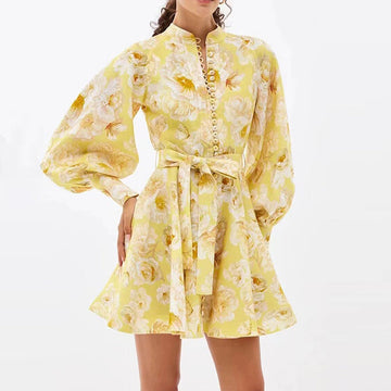 Belt Lantern Sleeve Holiday Swing Dress null