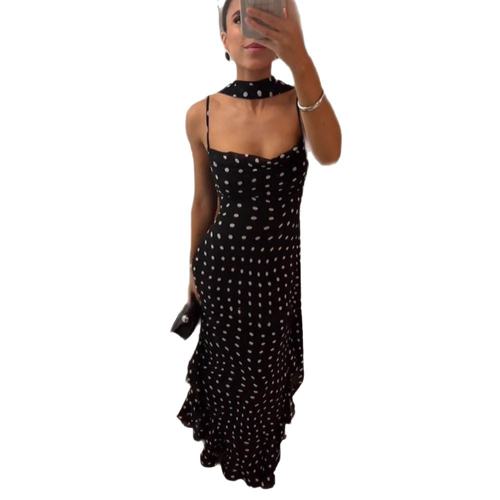Women's High-grade Sleeveless Polka Dot Scarf Collar Ruffled Spaghetti Straps Dress null