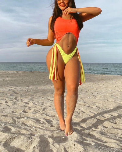 Gathered Waist Polyester Tassel Bikini null