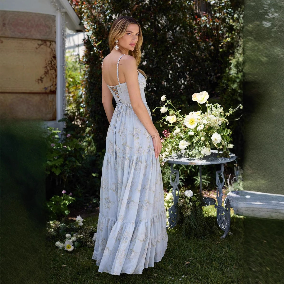 Long Seaside Vacation Style Backless Dress Floral Skirt null