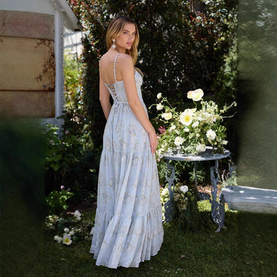 Long Seaside Vacation Style Backless Dress Floral Skirt null