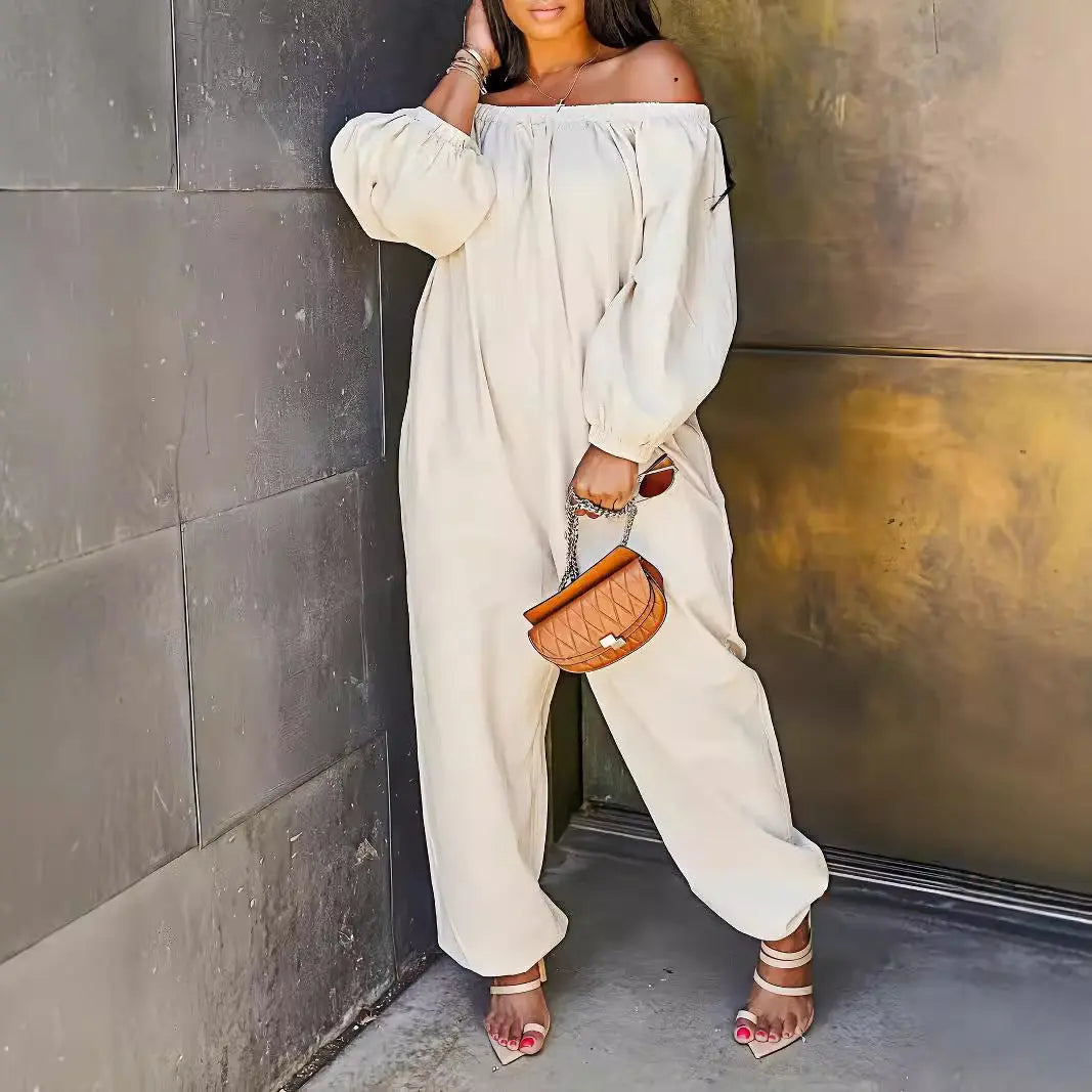 Linen European and American women's clothing jumpsuit in apricot, off-shoulder style, full-length trousers.