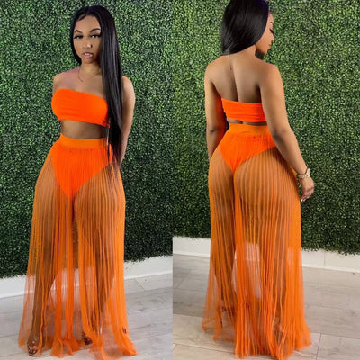 Fashion Women Mesh Pleated Skirt Three-piece Dress null