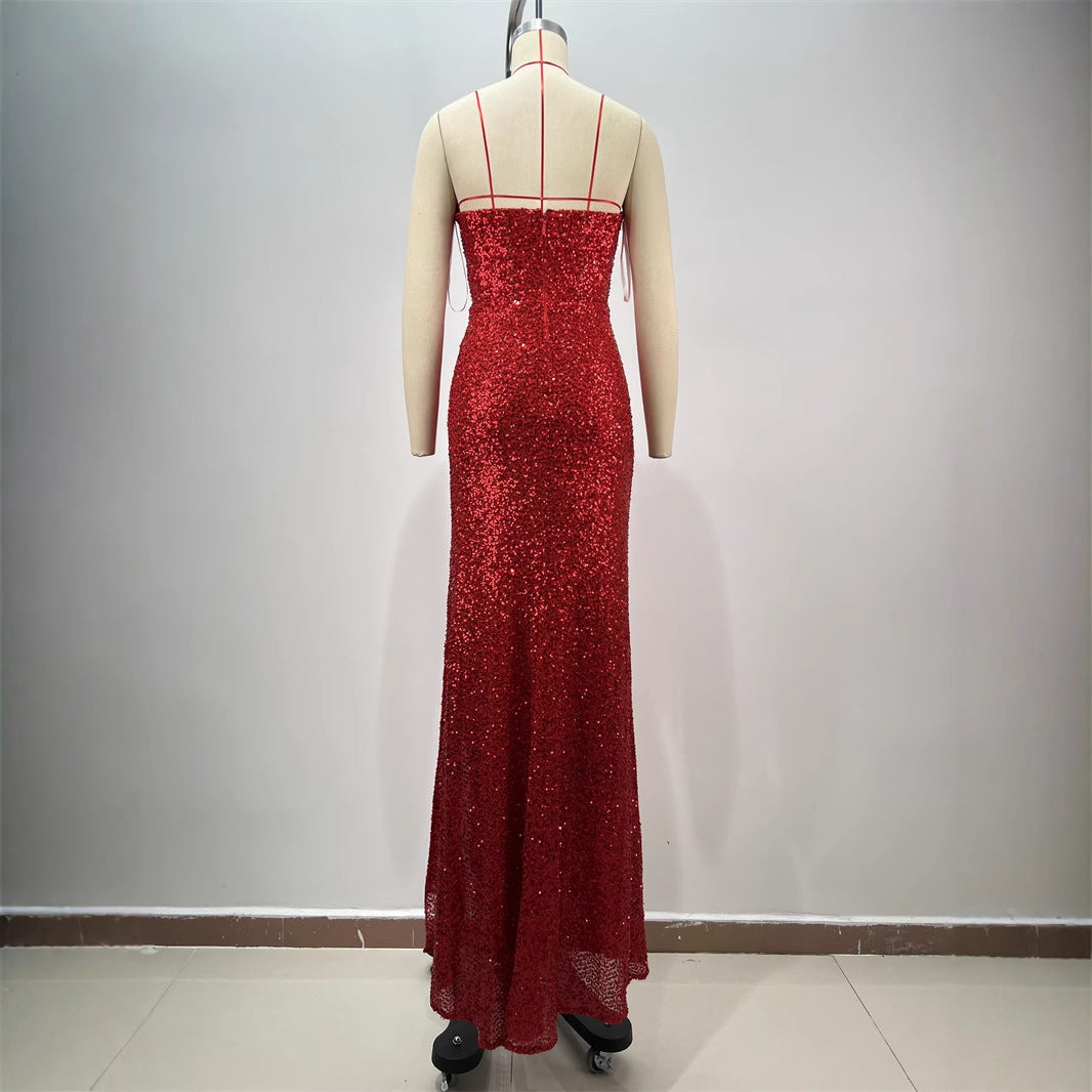 Drop-shaped Diamond Sexy Low-cut High Sitt Red Paillette Tube Coat And Dress null