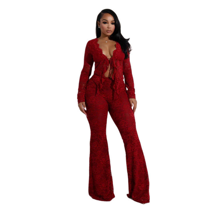 Women's Sexy Lacing Hollow Cardigan Long Sleeve Pants Two-piece Suit null