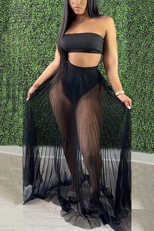 Fashion Women Mesh Pleated Skirt Three-piece Dress null