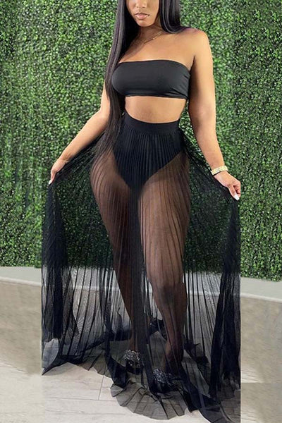 Fashion Women Mesh Pleated Skirt Three-piece Dress null