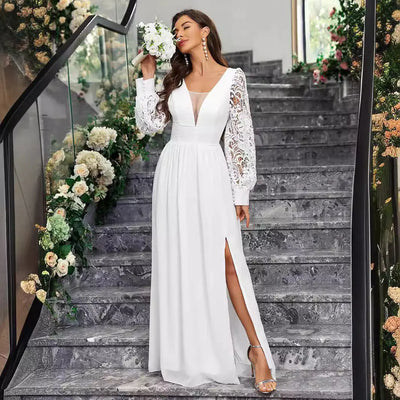 Elegant white V-neck long sleeve slit dress for women