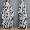 Plus size black and white dress with floral pattern, long skirt, cotton fabric.