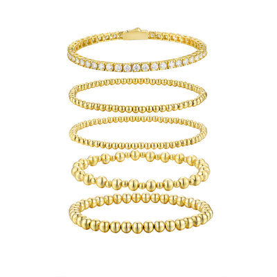 Moissanite Round Beads Classic Style Gold Twin 5-piece Bracelet Set Does Not Fade