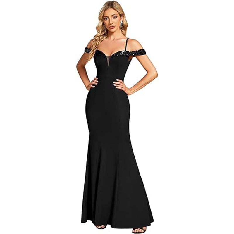 Women's Clothing Off-neck Sling Evening Long Dress null