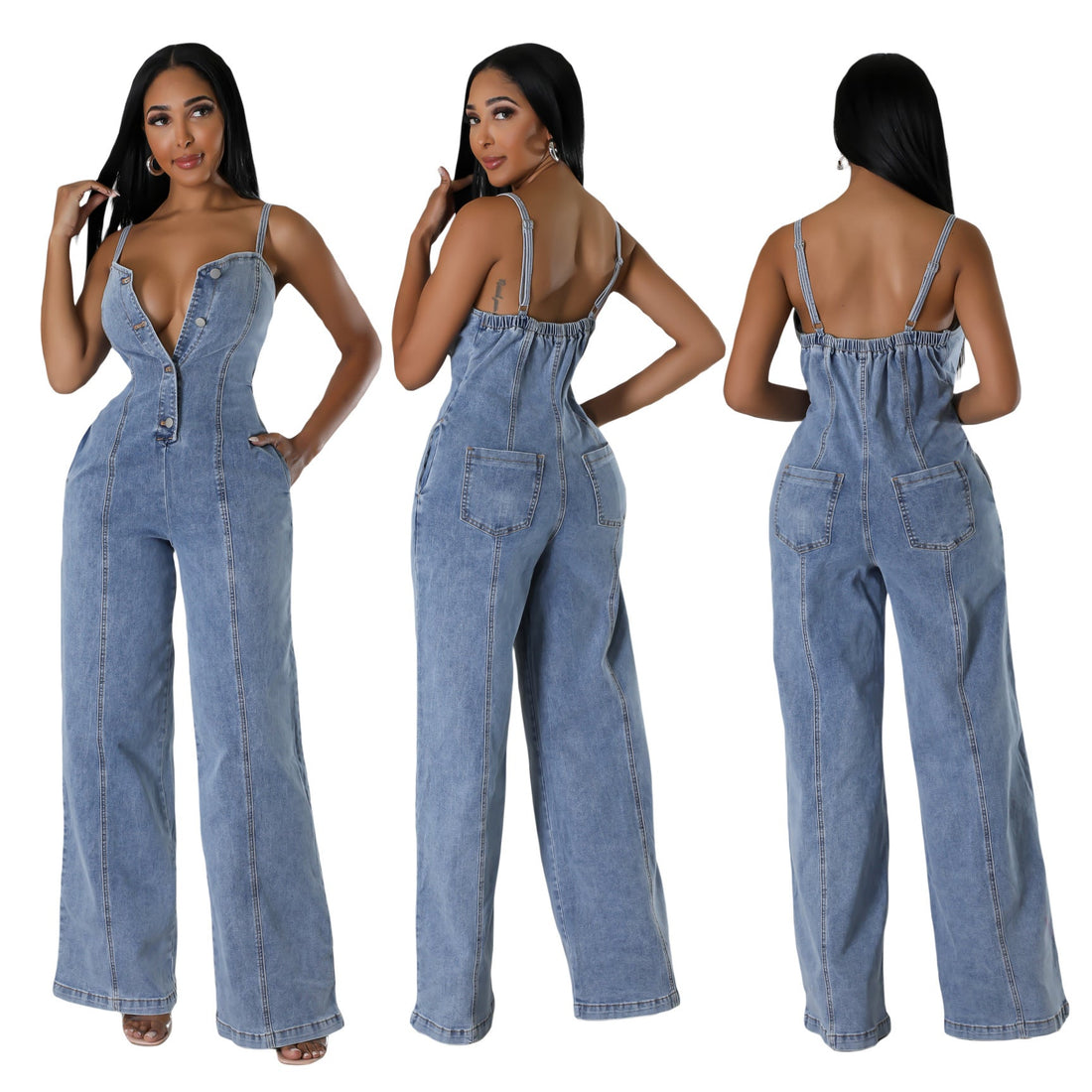 Light blue denim jumpsuit with suspenders, featuring a mid-waist and straight-leg design, ideal for women's fashion.