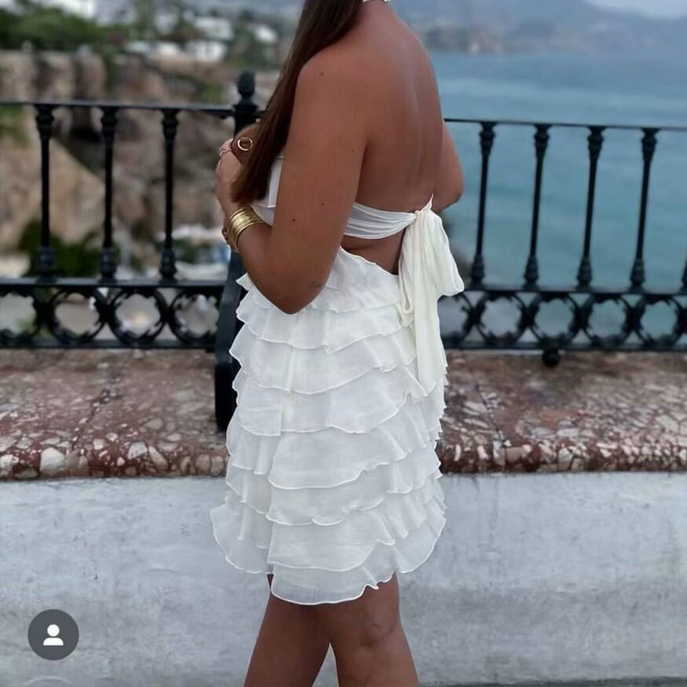 European And American Women's Summer Casual Laminated Decoration Sleeveless Hanging Collar Dress null