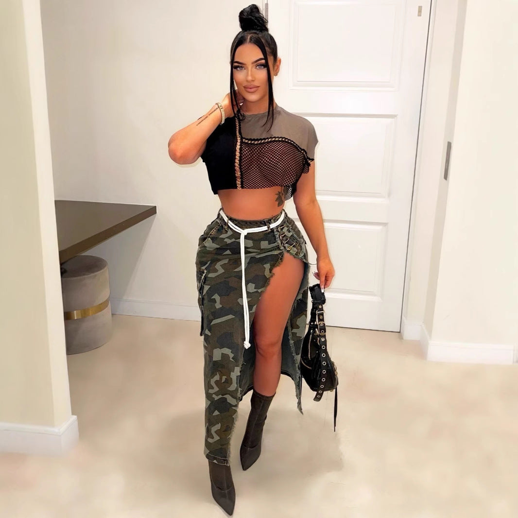 Women's Fashion Personalized Camouflage Wash Pocket Slit Tassel Skirt null