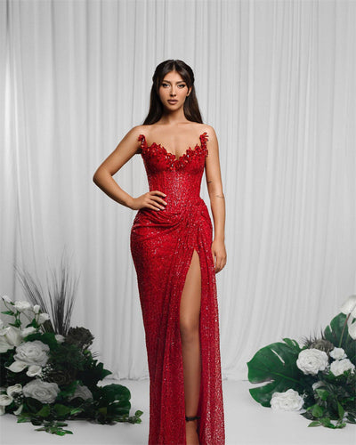 Drop-shaped Diamond Sexy Low-cut High Sitt Red Paillette Tube Coat And Dress null