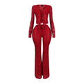 Women's Sexy Lacing Hollow Cardigan Long Sleeve Pants Two-piece Suit null