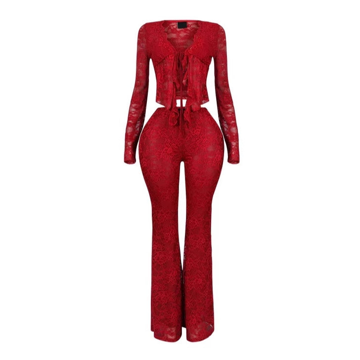 Women's Sexy Lacing Hollow Cardigan Long Sleeve Pants Two-piece Suit null
