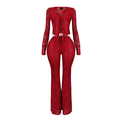 Women's Sexy Lacing Hollow Cardigan Long Sleeve Pants Two-piece Suit null