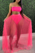 Fashion Women Mesh Pleated Skirt Three-piece Dress null