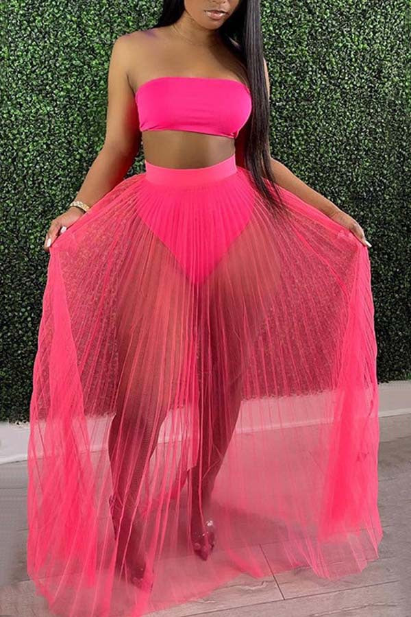 Fashion Women Mesh Pleated Skirt Three-piece Dress null