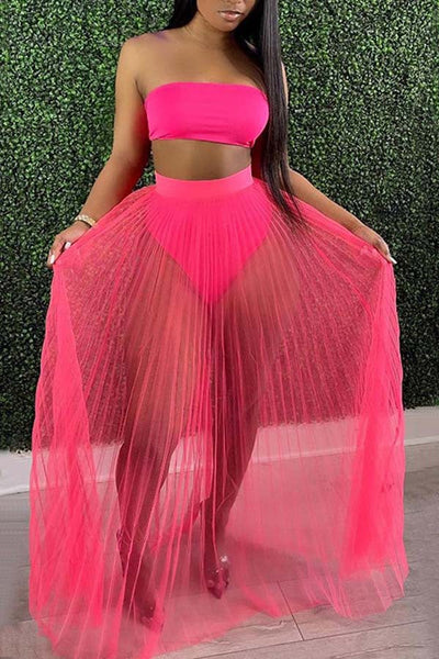 Fashion Women Mesh Pleated Skirt Three-piece Dress null