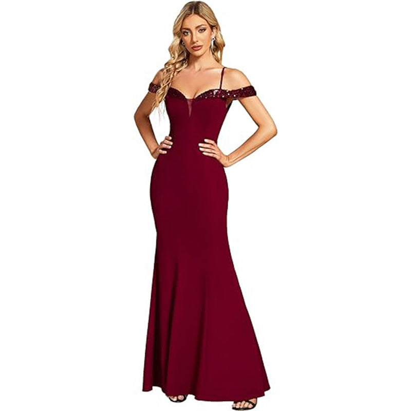 Women's Clothing Off-neck Sling Evening Long Dress null