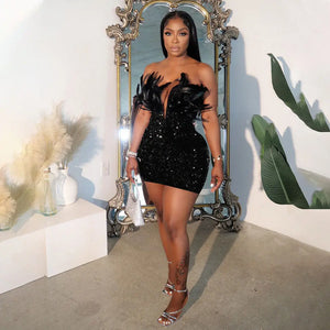 European And American Sexy Sequin Deep V Tube Top Feather Hip-wrapped Short Dress null