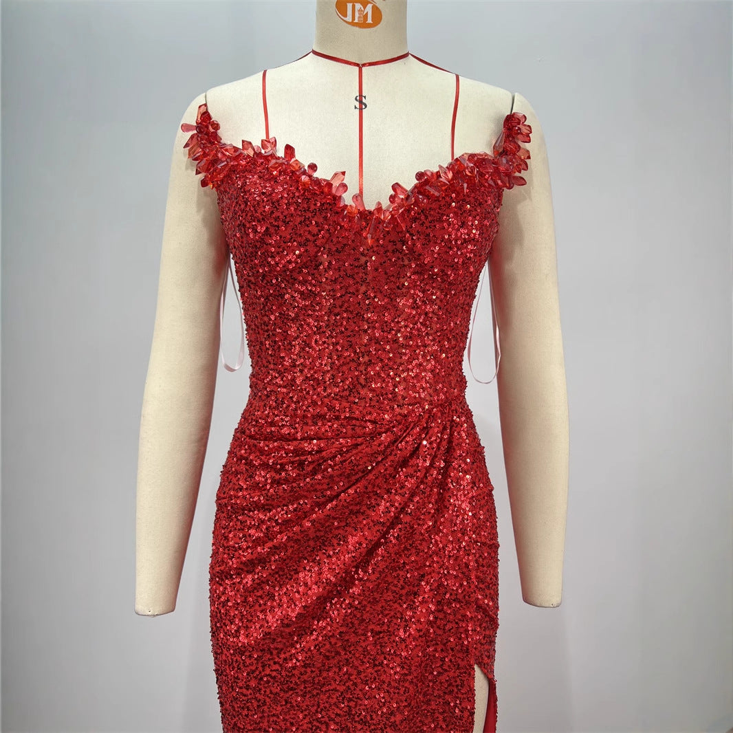 Drop-shaped Diamond Sexy Low-cut High Sitt Red Paillette Tube Coat And Dress null