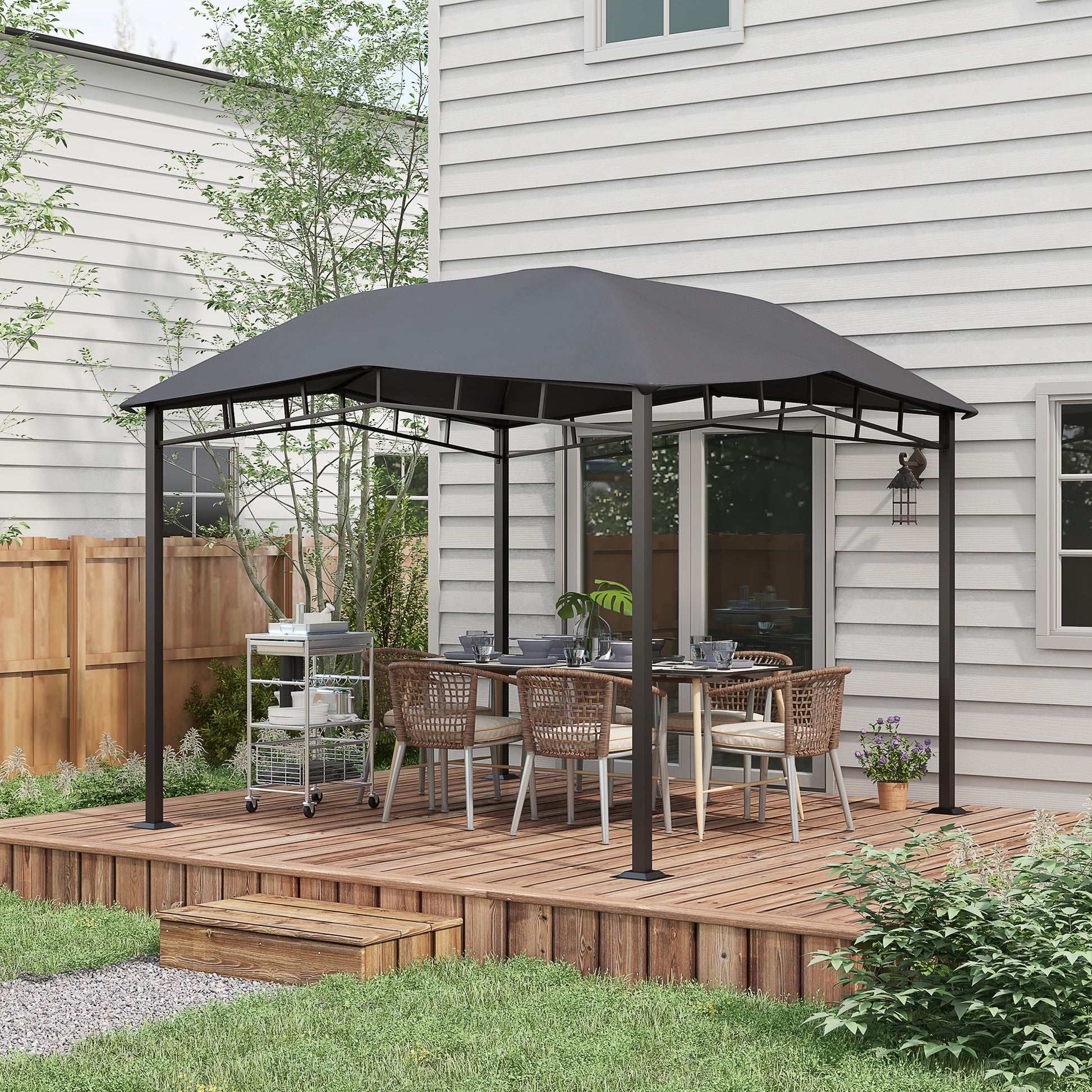 10x10 soft top patio gazebo with geometric roof, outdoor canopy providing shade and shelter in a backyard setting