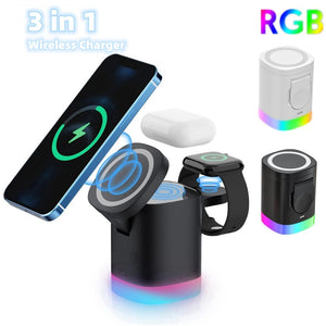 3 In 1 Magnetic Wireless Fast Charger For Smart Phone RGB Ambient Light Charging Station For Airpods IWatch null