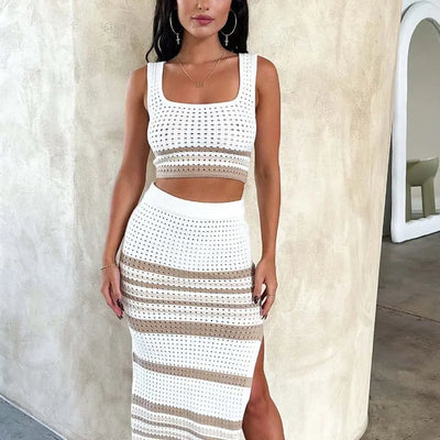 Summer sleeveless vest with sexy slit striped knit skirt, khaki color, women's set.