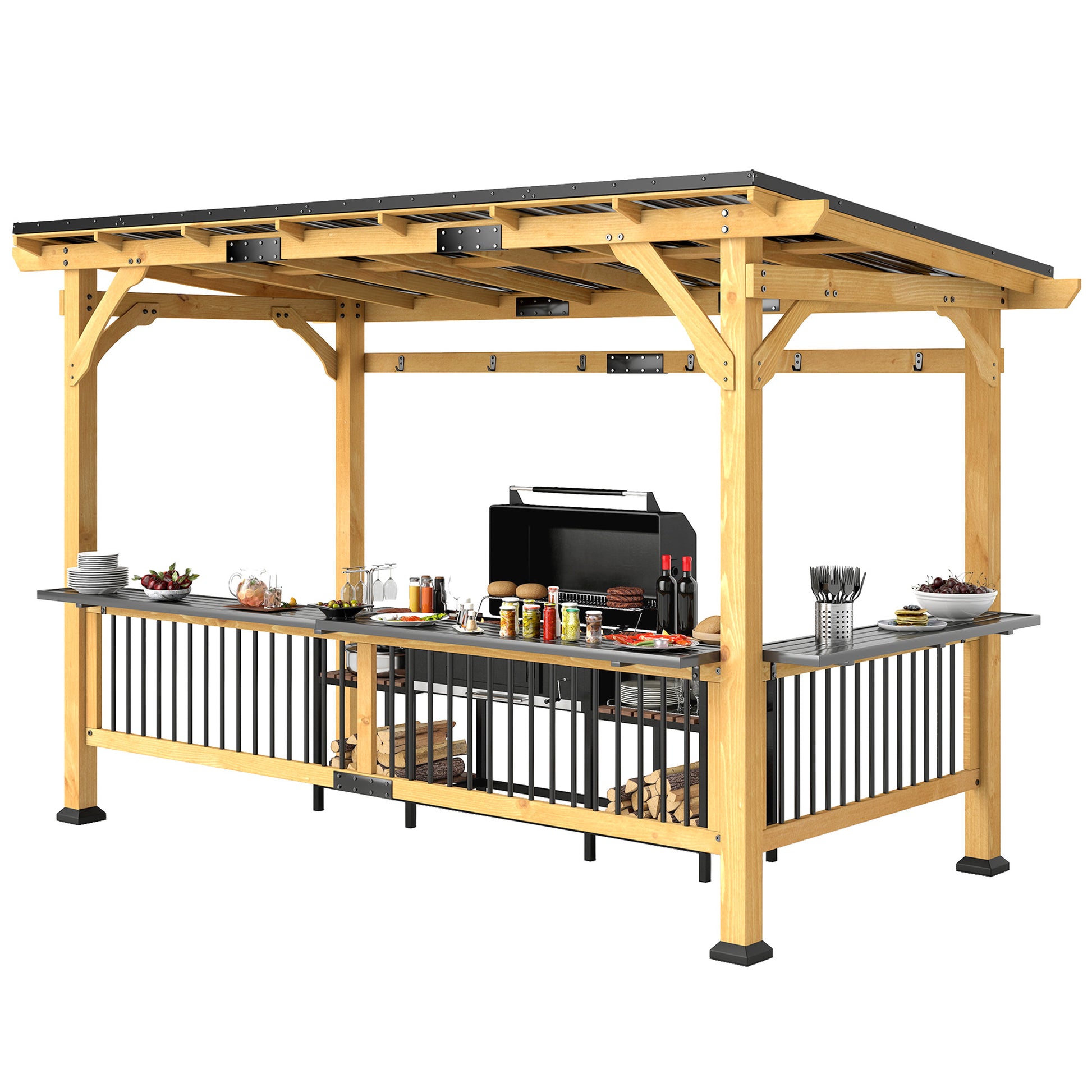 13' x 6' Wooden BBQ Grill Gazebo, Outdoor Hardtop Grill Gazebo with Metal Roof, 2 Bar Shelves and 6 Hooks, Natural - Morderncharm store