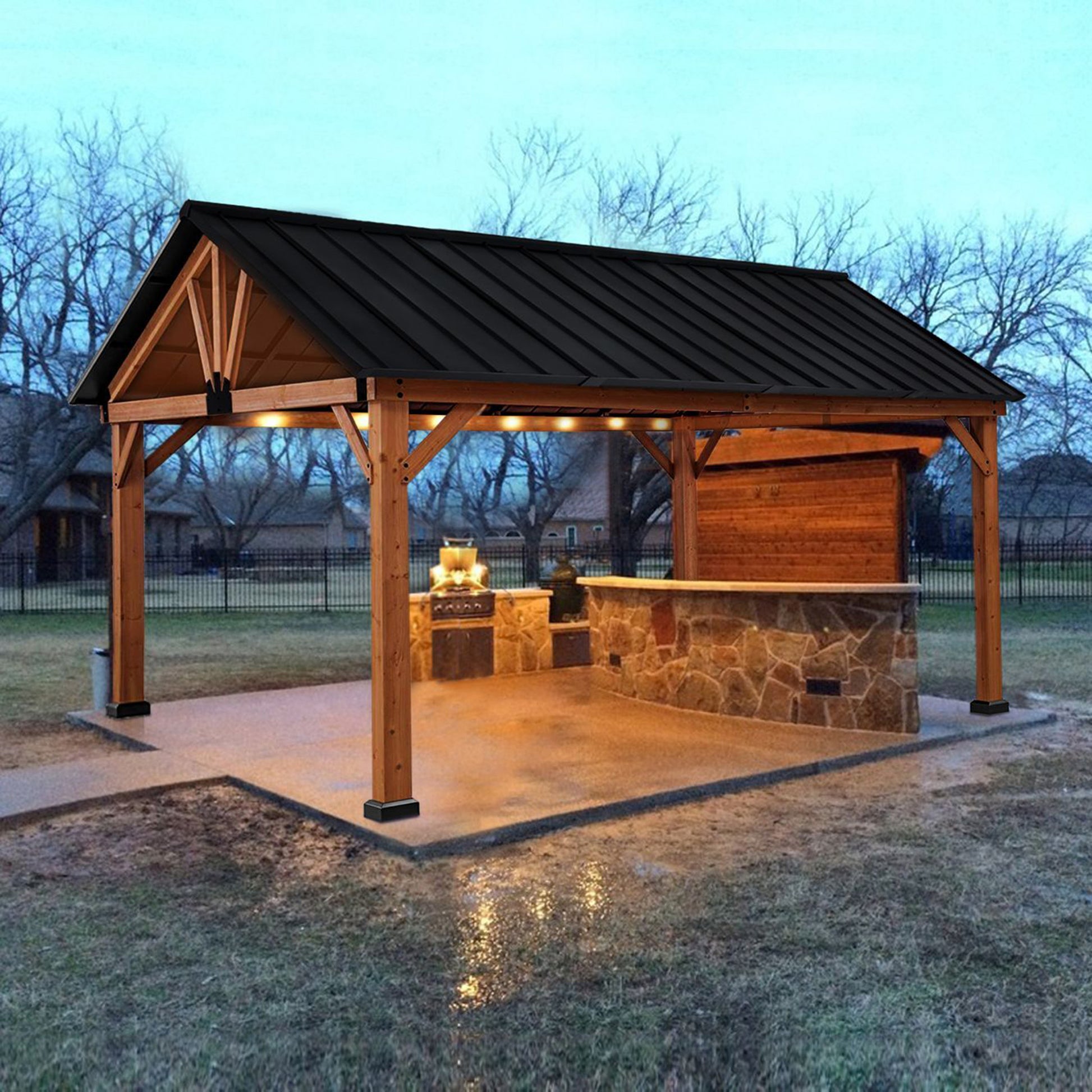  11' x 13' Hardtop Gazebo with Galvanized Steel Roof, Wooden Frame, Permanent Pavilion Outdoor Gazebo with Ceiling Hook for Garden, Patio, Backyard, Lawn - Morderncharm store