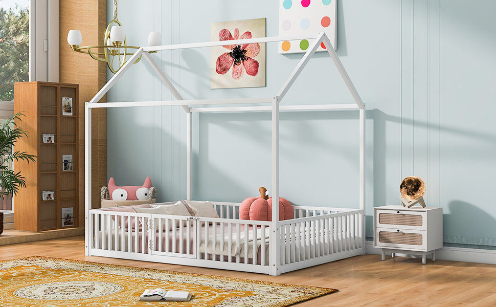 Twin modern wood house bed frame with a cozy cabin design, featuring natural wood finish and sturdy construction.