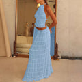 2pcs Women's Dress Suit Sexy Sleeveless Backless Cropped Halter Top And Pleated Long Skirt Beach Clothing null
