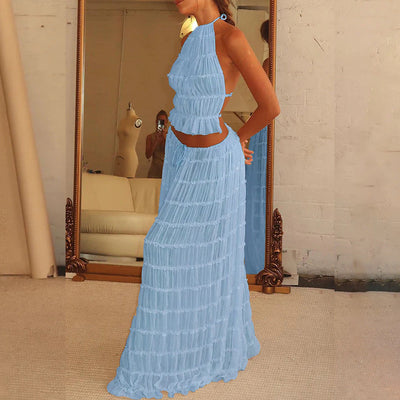2pcs Women's Dress Suit Sexy Sleeveless Backless Cropped Halter Top And Pleated Long Skirt Beach Clothing null