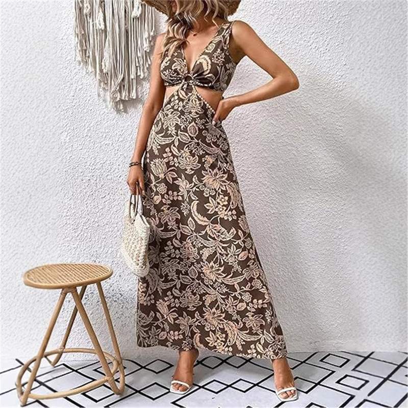 Women's handmade printed waist-controlled strap vest long dress, color block, sleeveless, mid waist, polyester, size S-XXL.