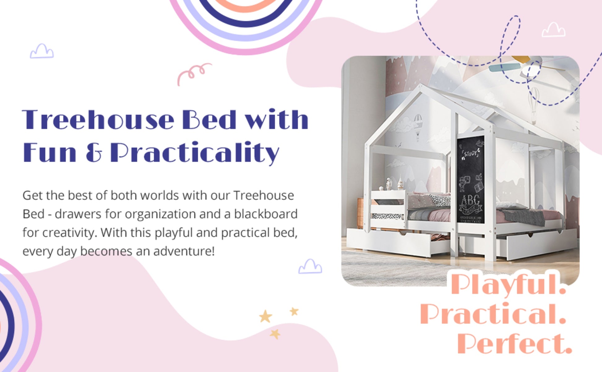 Twin house bed with built-in chalkboard and cozy bedding, ideal for children's bedrooms.