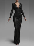 Black Deep V Backless Long Sleeve Dress null