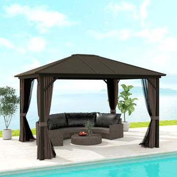 10' x 12' Hardtop Gazebo with Curtains and Netting, Gazebo Canopy with Aluminum Frame and Hooks, Coffee