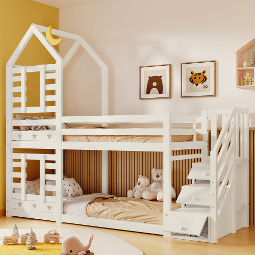 Wooden House Bunk Bed with Storage Stairs & Playhouse Frame - Morderncharm store
