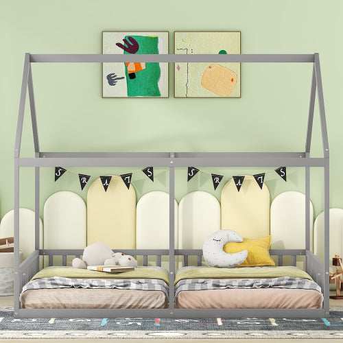 Twin Size Double Montessori House Bed with Shared Guardrails - Morderncharm store