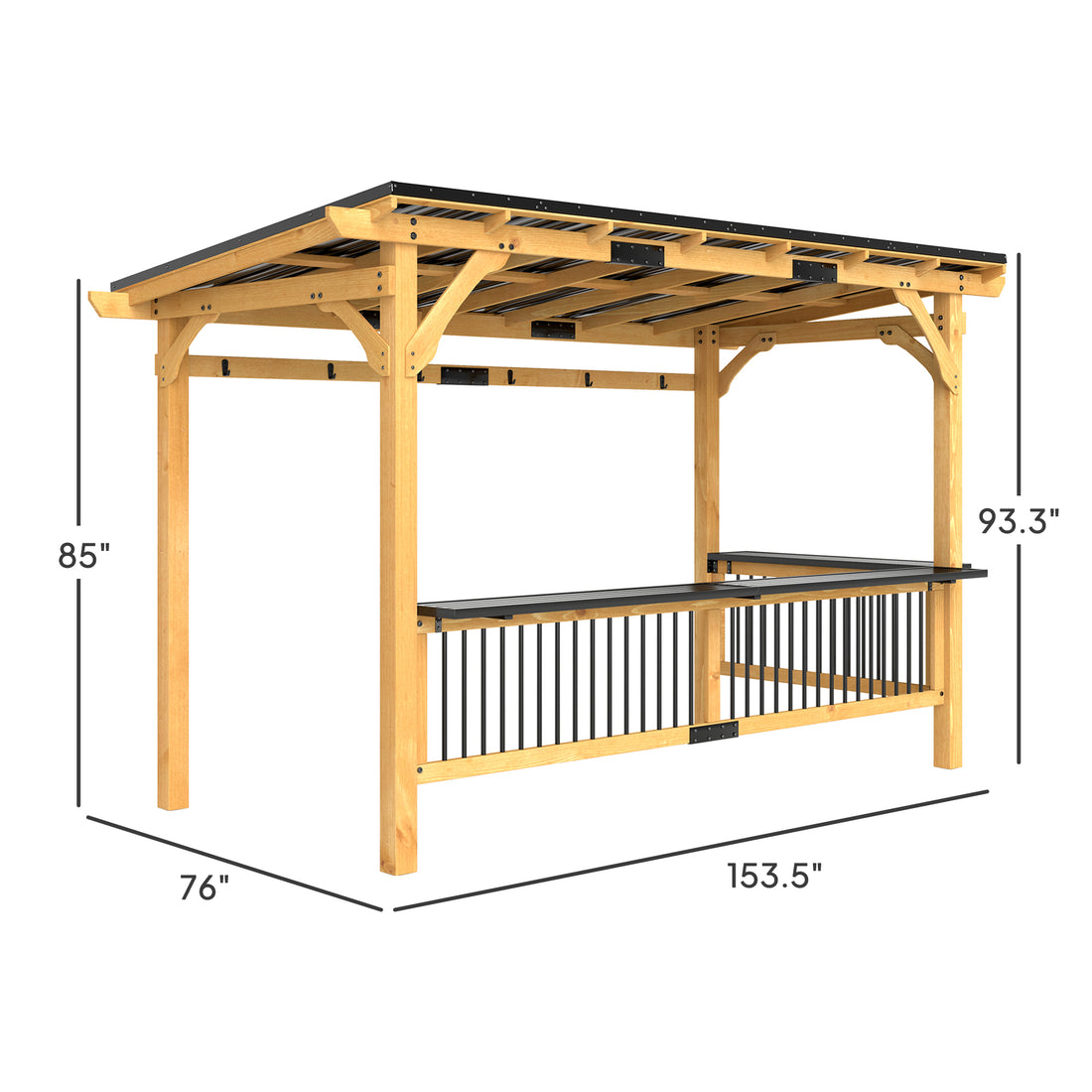 13' x 6' Wooden BBQ Grill Gazebo, Outdoor Hardtop Grill Gazebo with Metal Roof, 2 Bar Shelves and 6 Hooks, Natural