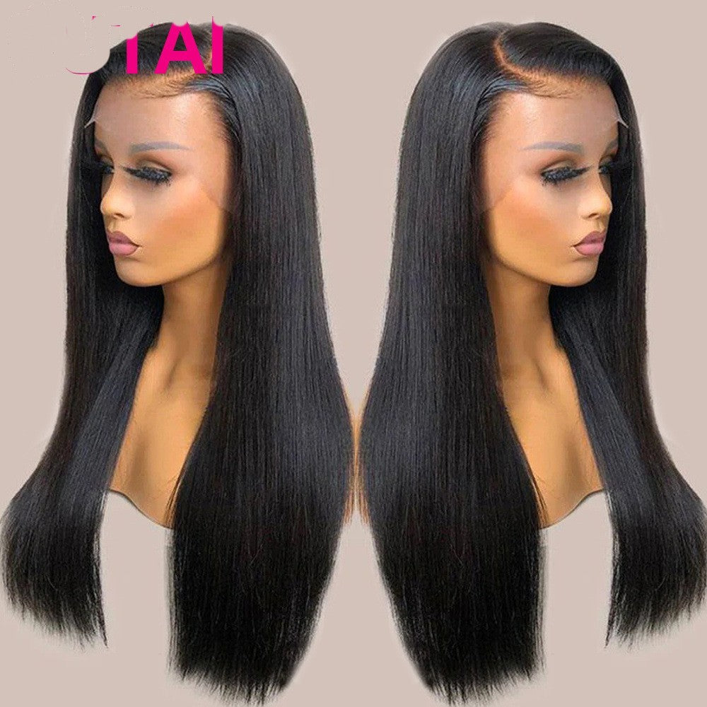 Real Human Hair Lace Wig Set Straight Hair Black Medium Length null