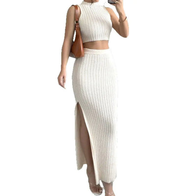Knitted Sweater Round Neck Vest And Split Skirt Two-piece Set null