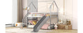 Twin over twin house bunk bed with slide and storage stairs, wooden frame, featuring a playful design for kids' bedroom.