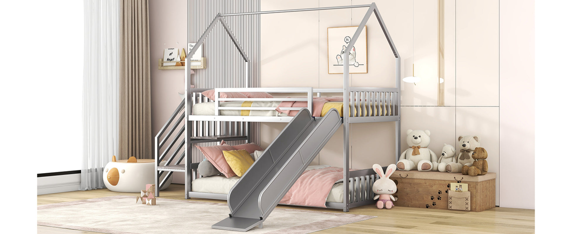 Twin over twin house bunk bed with slide and storage stairs, wooden frame, featuring a playful design for kids' bedroom.