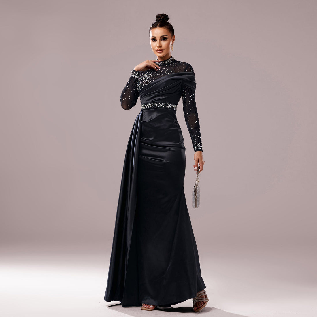 Long Sleeve Slim-fit Sheath Pearl Banquet Fishtail Evening Dress null