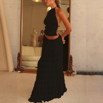 2pcs Women's Dress Suit Sexy Sleeveless Backless Cropped Halter Top And Pleated Long Skirt Beach Clothing null